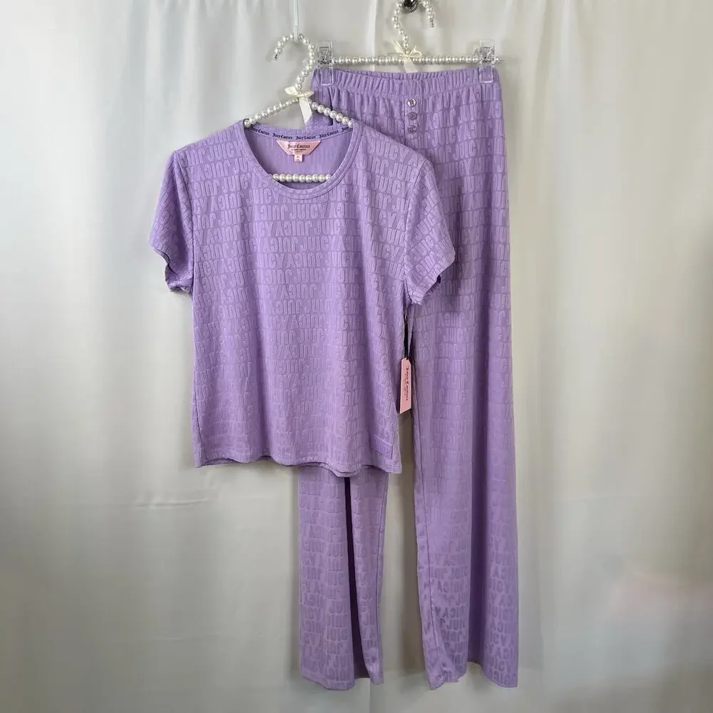 Juicy Couture NWT Women’s Sleep Purple Block Embossed Shirt & Pants Pajamas XL